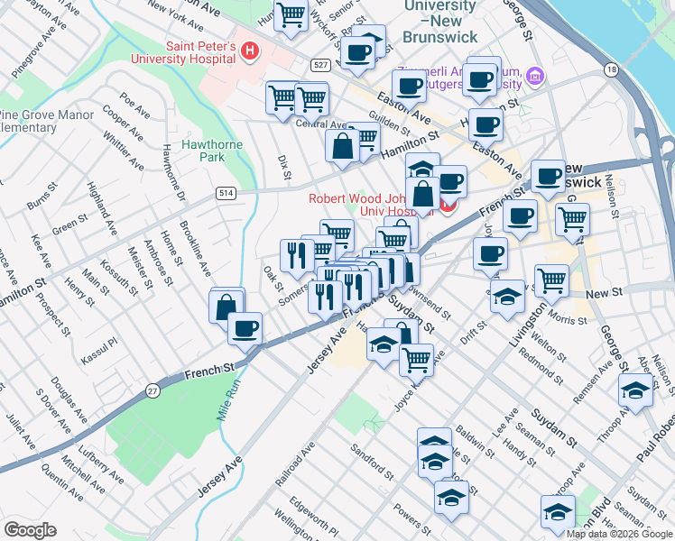 map of restaurants, bars, coffee shops, grocery stores, and more near 23 Alexander Street in New Brunswick