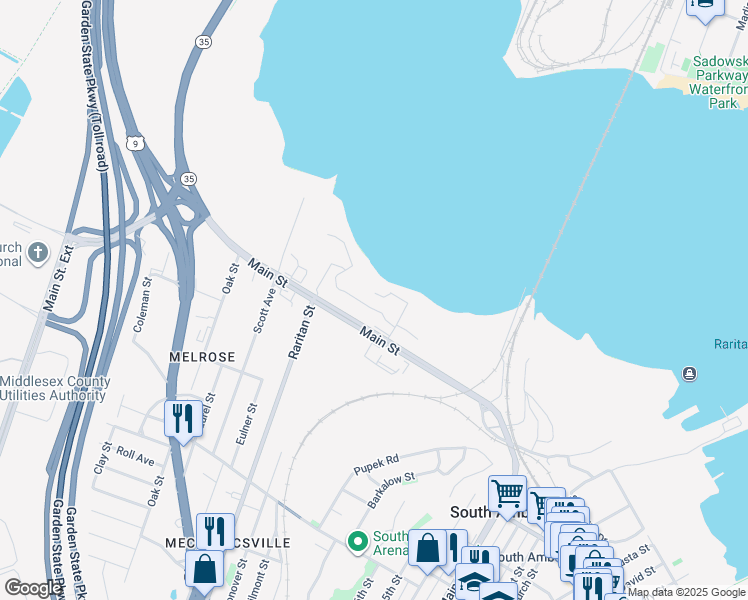 map of restaurants, bars, coffee shops, grocery stores, and more near 101 Main Street in South Amboy