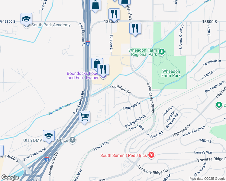map of restaurants, bars, coffee shops, grocery stores, and more near 14234 Daisyfield Drive in Draper