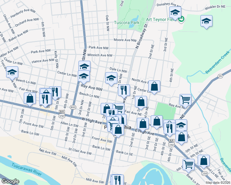map of restaurants, bars, coffee shops, grocery stores, and more near 145 Ray Avenue Northwest in New Philadelphia