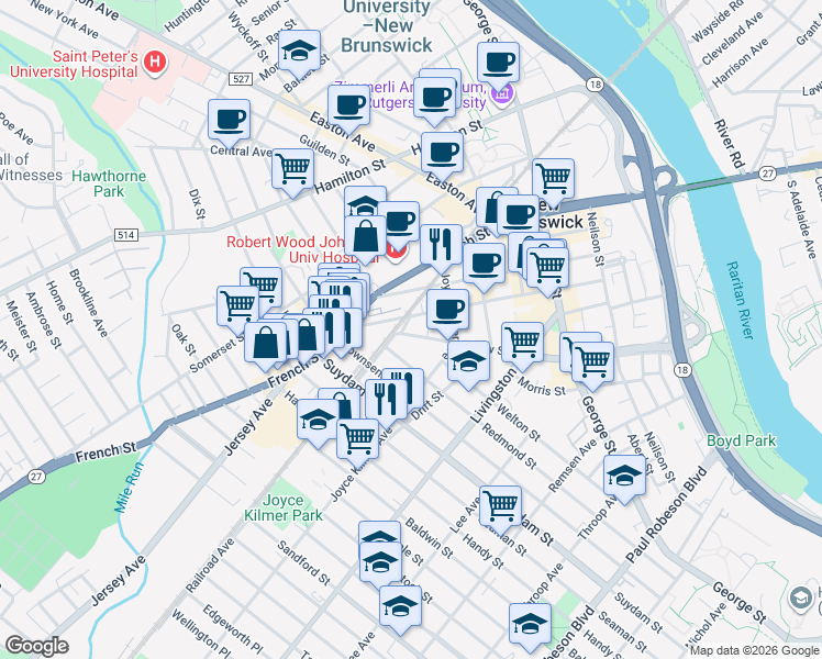 map of restaurants, bars, coffee shops, grocery stores, and more near 295 Redmond Street in New Brunswick