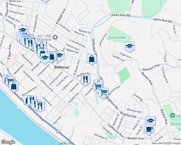 map of restaurants, bars, coffee shops, grocery stores, and more near 206 Brighton Road in Pittsburgh