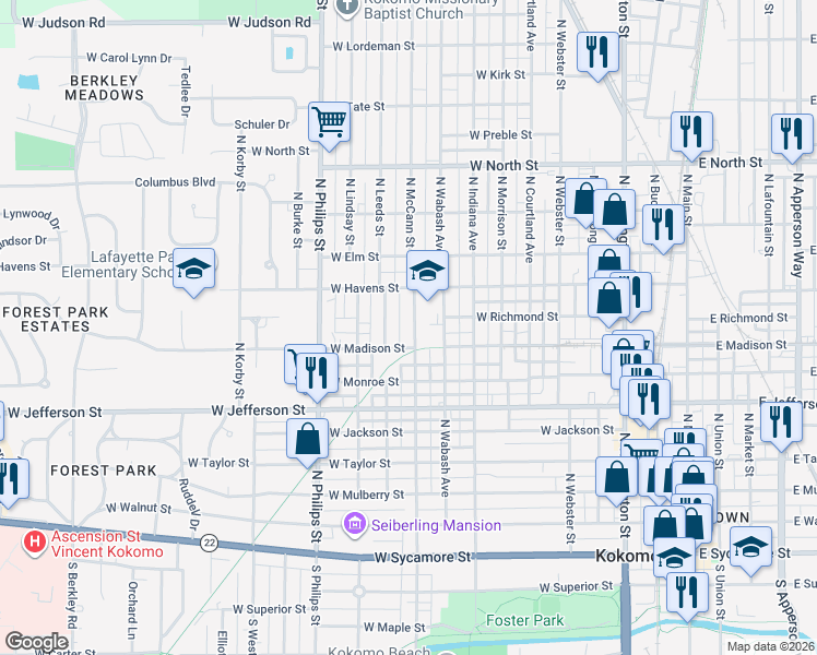 map of restaurants, bars, coffee shops, grocery stores, and more near 819 North McCann Street in Kokomo
