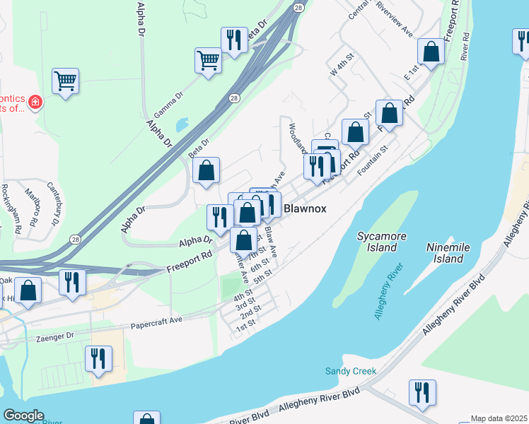 map of restaurants, bars, coffee shops, grocery stores, and more near 254 Freeport Road in Blawnox
