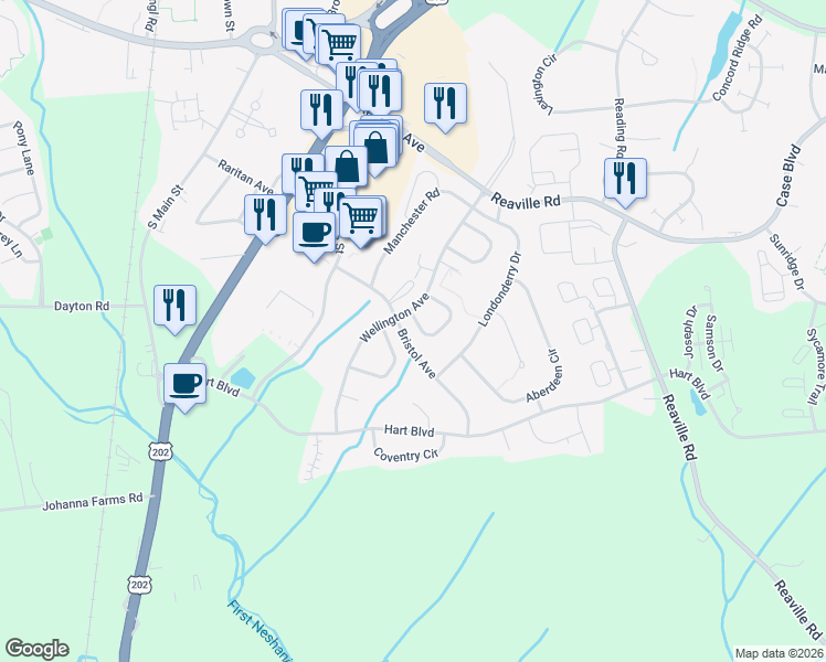 map of restaurants, bars, coffee shops, grocery stores, and more near 79 Saxoney Circle in Flemington