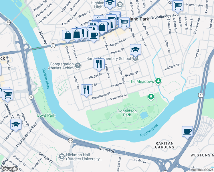 map of restaurants, bars, coffee shops, grocery stores, and more near 215 Graham Street in Highland Park