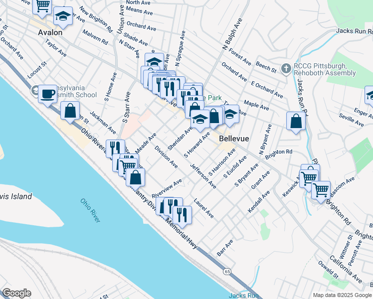 map of restaurants, bars, coffee shops, grocery stores, and more near 440 Jefferson Avenue in Pittsburgh