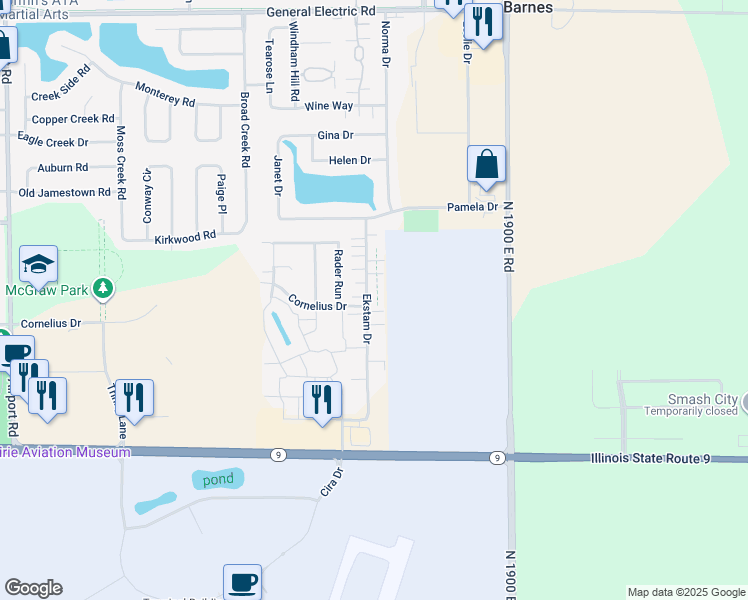 map of restaurants, bars, coffee shops, grocery stores, and more near 1101 Ekstam Drive in Bloomington