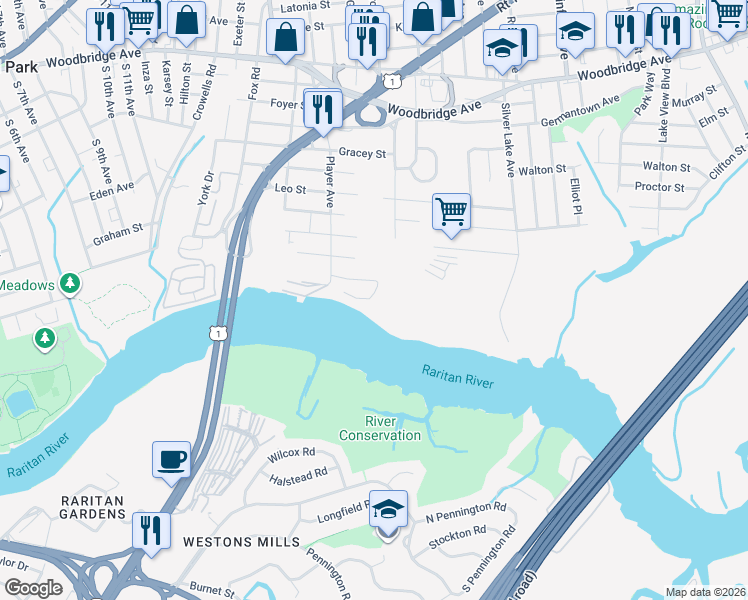 map of restaurants, bars, coffee shops, grocery stores, and more near 109 Todd Street in Edison