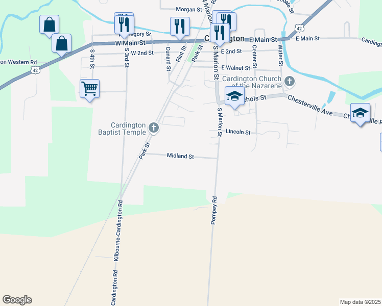 map of restaurants, bars, coffee shops, grocery stores, and more near 109 Midland Street in Cardington