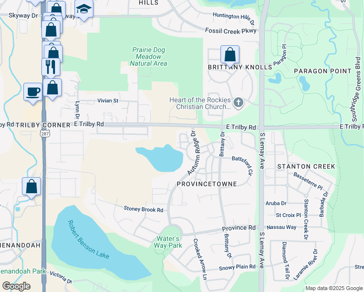 map of restaurants, bars, coffee shops, grocery stores, and more near 6603 Autumn Ridge Drive in Fort Collins