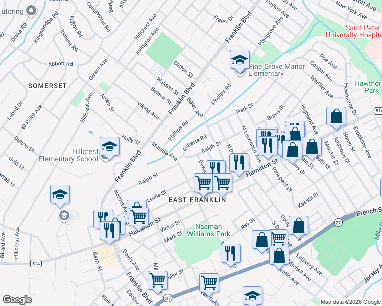 map of restaurants, bars, coffee shops, grocery stores, and more near 120 Baier Avenue in Franklin Township
