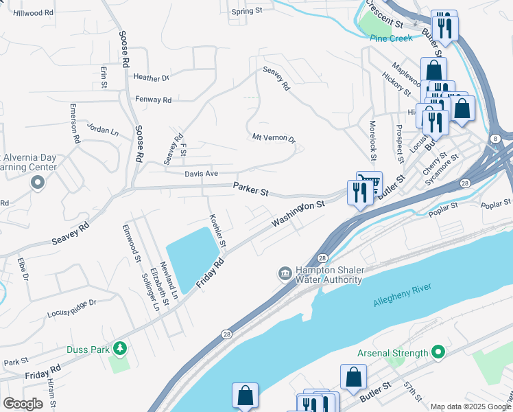 map of restaurants, bars, coffee shops, grocery stores, and more near 197 Parker Street in Pittsburgh