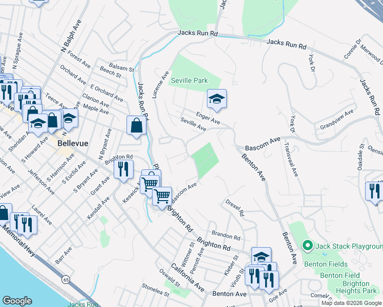 map of restaurants, bars, coffee shops, grocery stores, and more near 105 Hilliard Drive in Pittsburgh