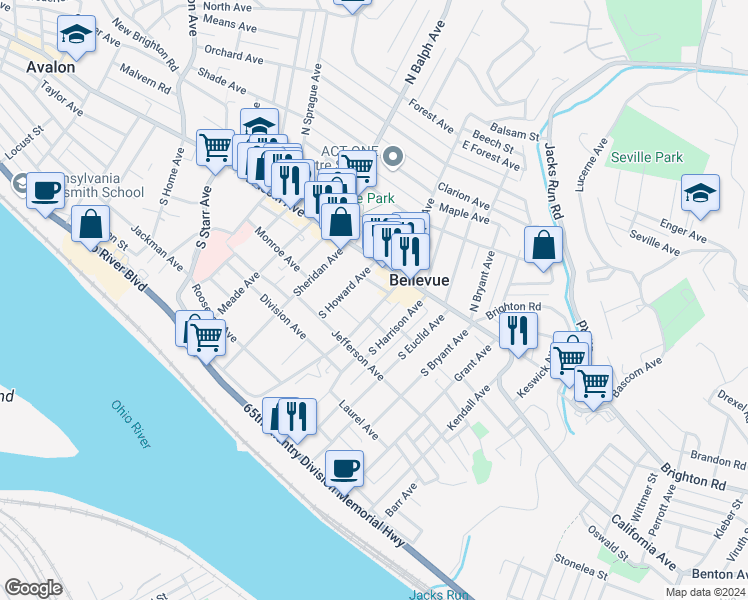 map of restaurants, bars, coffee shops, grocery stores, and more near 422 Hallett Place in Pittsburgh