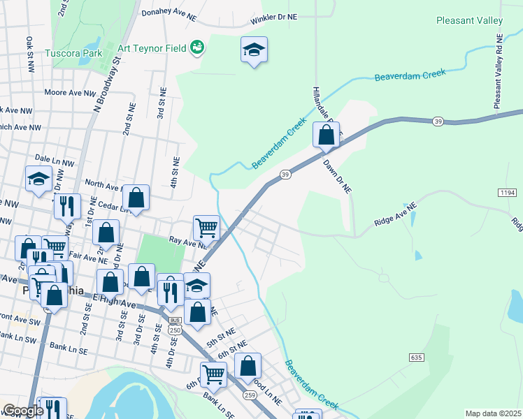 map of restaurants, bars, coffee shops, grocery stores, and more near 521 Beaver Avenue Northeast in New Philadelphia