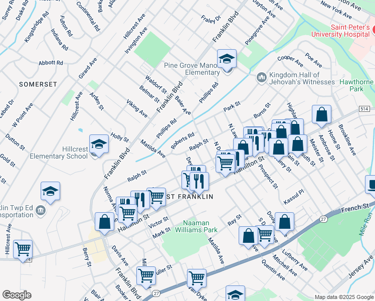 map of restaurants, bars, coffee shops, grocery stores, and more near 78 Baier Avenue in Franklin Township