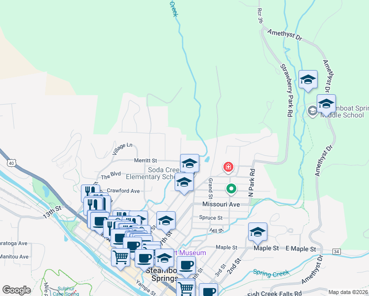 map of restaurants, bars, coffee shops, grocery stores, and more near 864 Pahwintah Street in Steamboat Springs