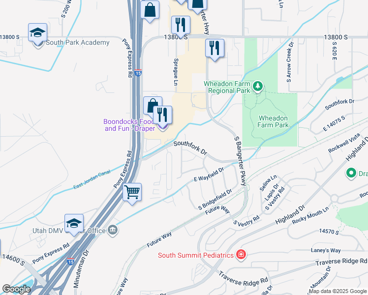 map of restaurants, bars, coffee shops, grocery stores, and more near 14227 Daisyfield Drive in Draper