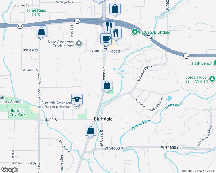map of restaurants, bars, coffee shops, grocery stores, and more near 14185 South Redwood Road in Bluffdale
