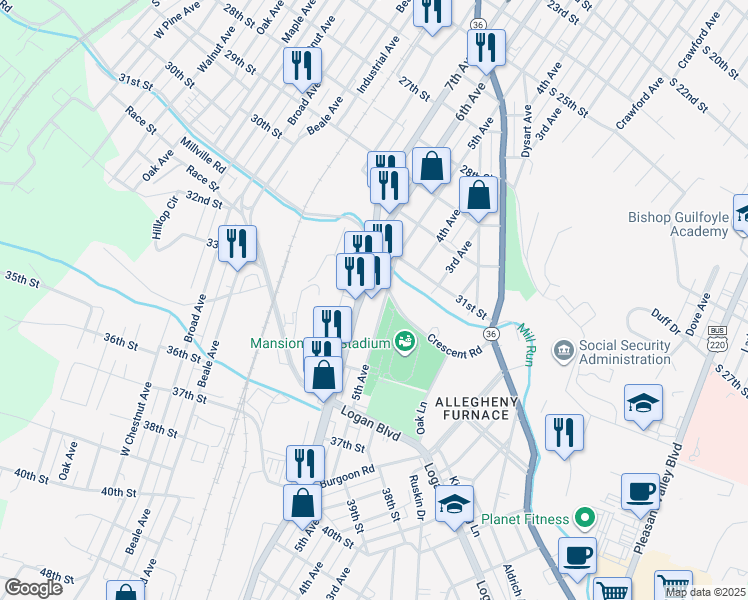 map of restaurants, bars, coffee shops, grocery stores, and more near 500 32nd Street in Altoona