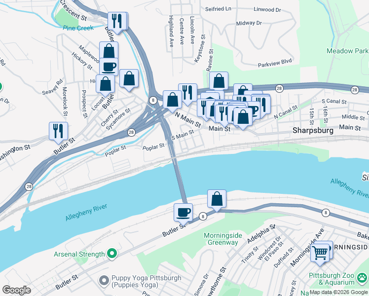 map of restaurants, bars, coffee shops, grocery stores, and more near 201 South Main Street in Sharpsburg