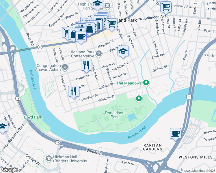 map of restaurants, bars, coffee shops, grocery stores, and more near 433 South 3rd Avenue in Highland Park