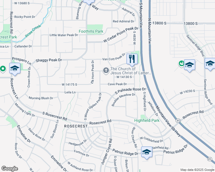 map of restaurants, bars, coffee shops, grocery stores, and more near 4999 Cave Peak Drive in Riverton