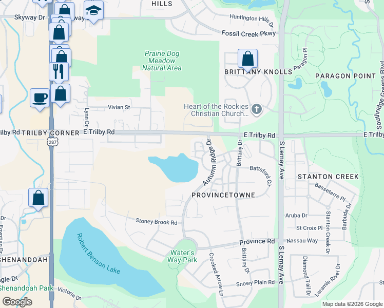 map of restaurants, bars, coffee shops, grocery stores, and more near 702 Crown Ridge Lane in Fort Collins