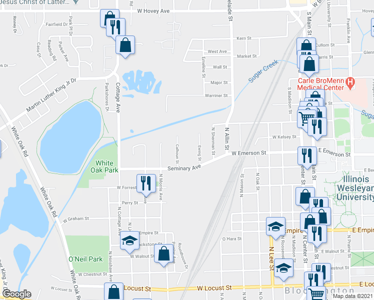 map of restaurants, bars, coffee shops, grocery stores, and more near 1509 Calhoun Street in Bloomington