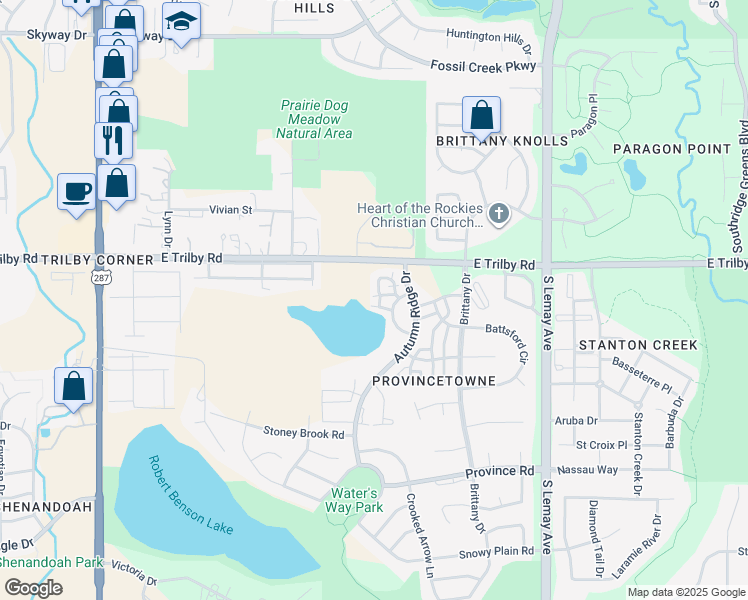 map of restaurants, bars, coffee shops, grocery stores, and more near 6615 Desert Willow Way in Fort Collins