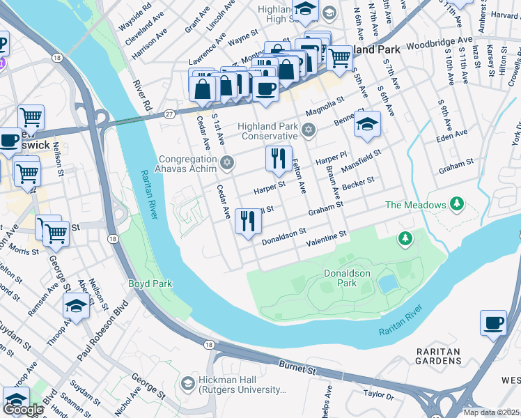 map of restaurants, bars, coffee shops, grocery stores, and more near 114 Harper Street in Highland Park