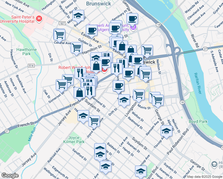 map of restaurants, bars, coffee shops, grocery stores, and more near 126 Paterson Street in New Brunswick
