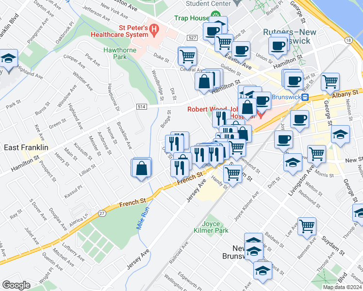 map of restaurants, bars, coffee shops, grocery stores, and more near 21 Freeman Street in New Brunswick