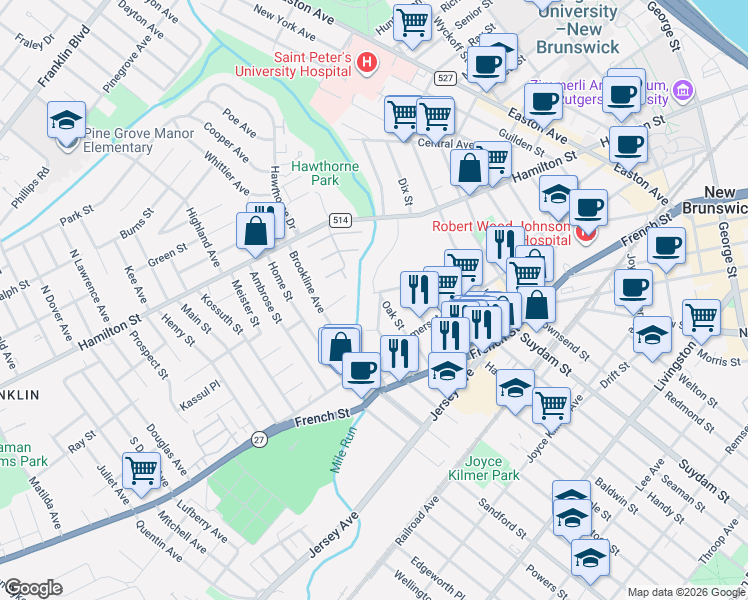map of restaurants, bars, coffee shops, grocery stores, and more near 39 Brookside Avenue in New Brunswick