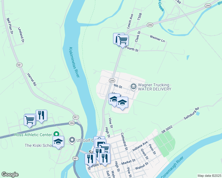 map of restaurants, bars, coffee shops, grocery stores, and more near 101 9th Street in Saltsburg