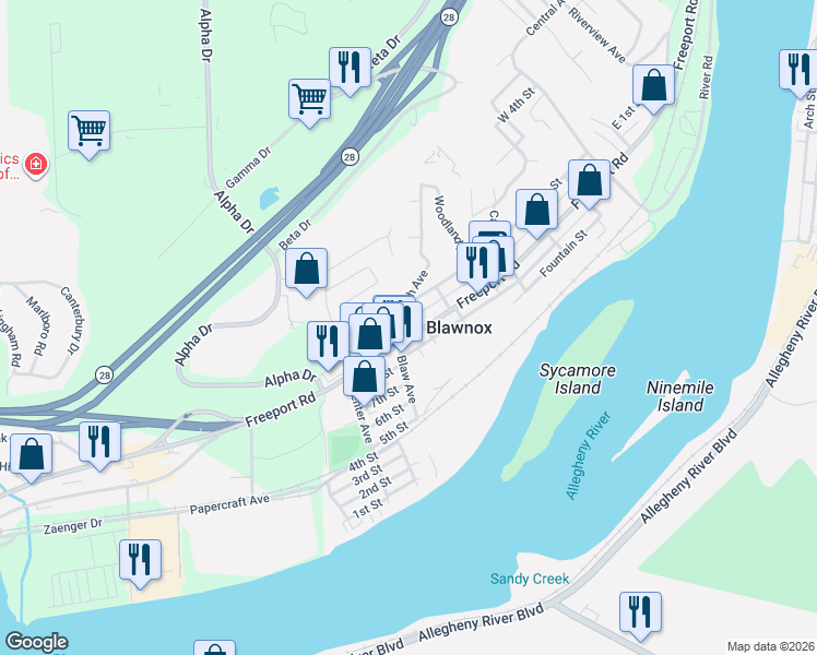 map of restaurants, bars, coffee shops, grocery stores, and more near 274 Walnut Street in Blawnox