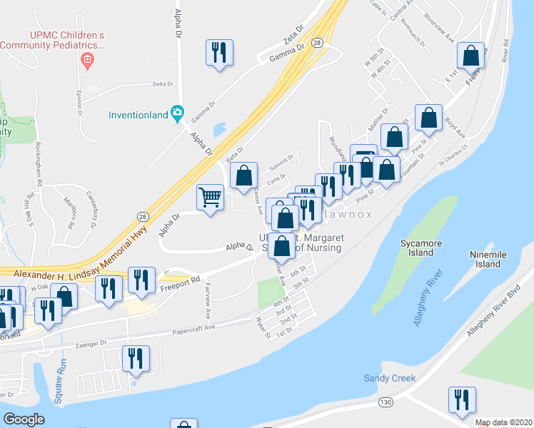map of restaurants, bars, coffee shops, grocery stores, and more near 1102 Carla Drive in Pittsburgh