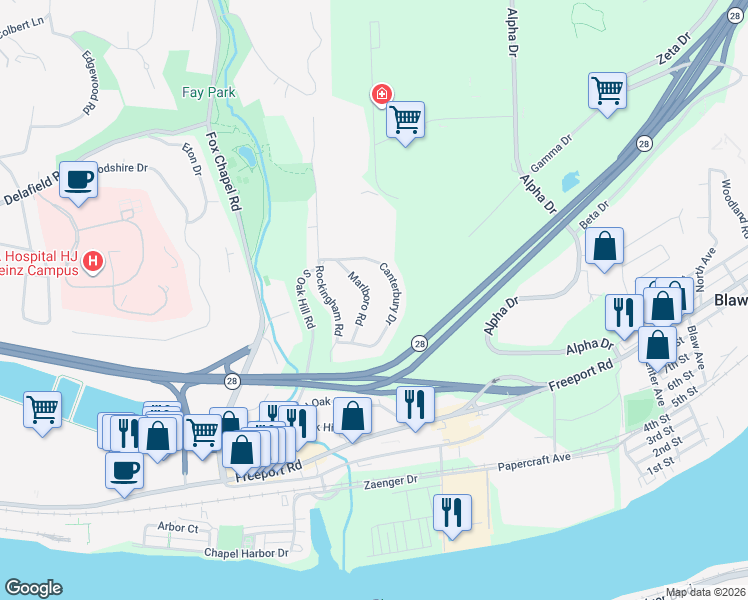 map of restaurants, bars, coffee shops, grocery stores, and more near 118 Marlboro Road in Pittsburgh