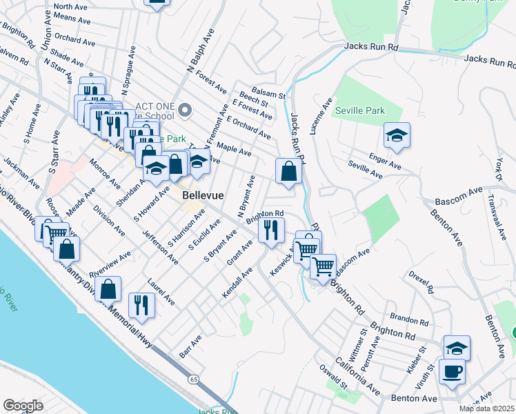 map of restaurants, bars, coffee shops, grocery stores, and more near 45 North Bryant Avenue in Bellevue
