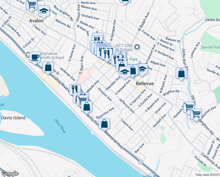 map of restaurants, bars, coffee shops, grocery stores, and more near 56 Sheridan Avenue in Pittsburgh