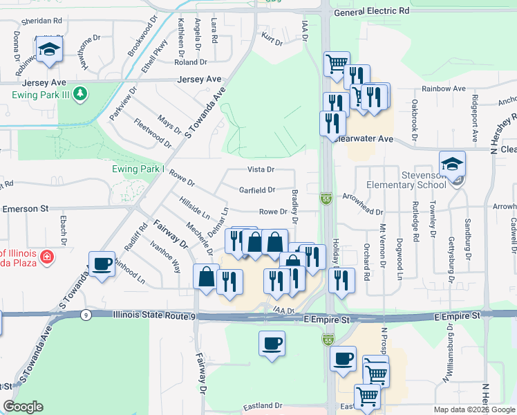 map of restaurants, bars, coffee shops, grocery stores, and more near 317 Garfield Drive in Bloomington