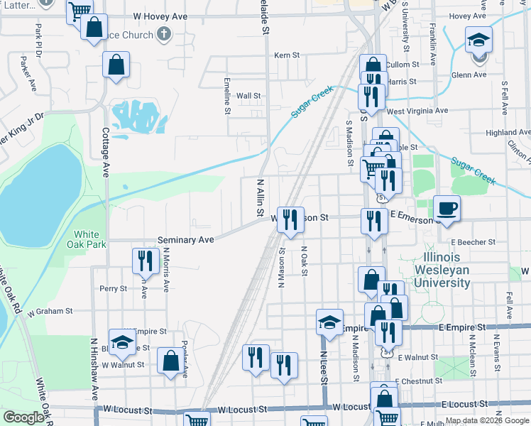 map of restaurants, bars, coffee shops, grocery stores, and more near 1318 North Mason Street in Bloomington