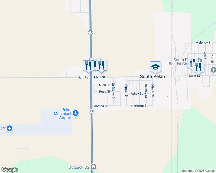 map of restaurants, bars, coffee shops, grocery stores, and more near 100-104 St Marks Dr in Pekin