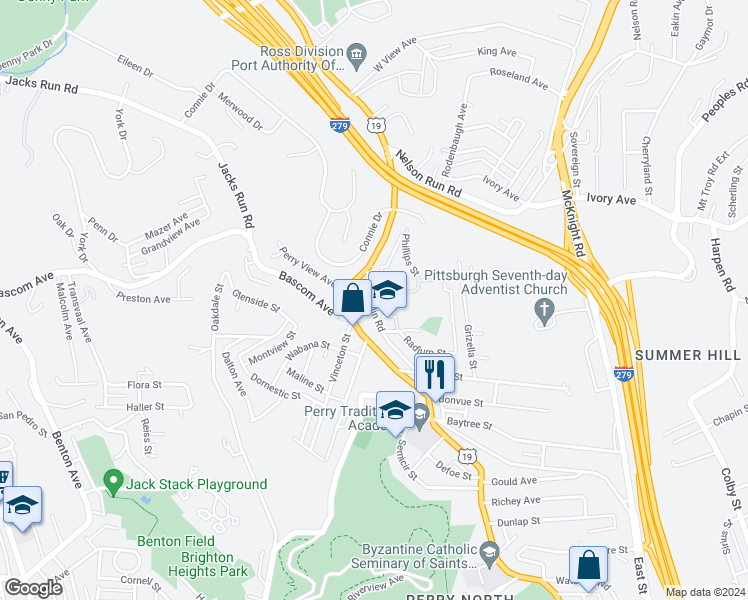 map of restaurants, bars, coffee shops, grocery stores, and more near 4112 Franklin Road in Pittsburgh
