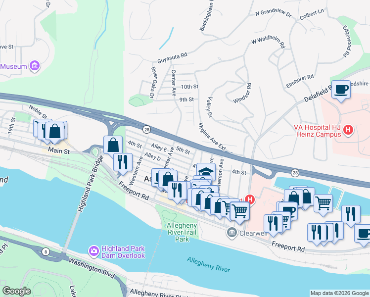 map of restaurants, bars, coffee shops, grocery stores, and more near 311 Highland Terrace in Pittsburgh
