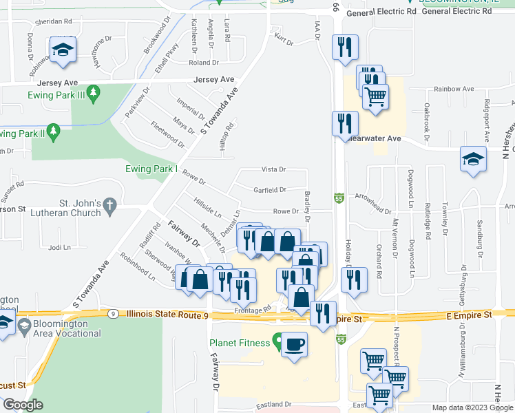 map of restaurants, bars, coffee shops, grocery stores, and more near 308 Rowe Drive in Bloomington