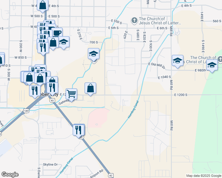 map of restaurants, bars, coffee shops, grocery stores, and more near 551 East 1200 South in Heber City
