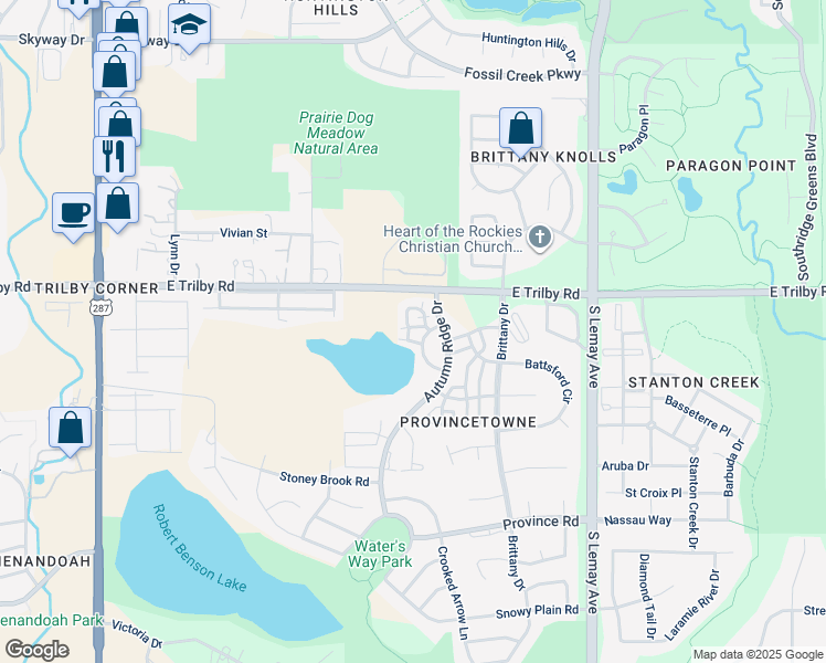 map of restaurants, bars, coffee shops, grocery stores, and more near 708 Crown Ridge Lane in Fort Collins