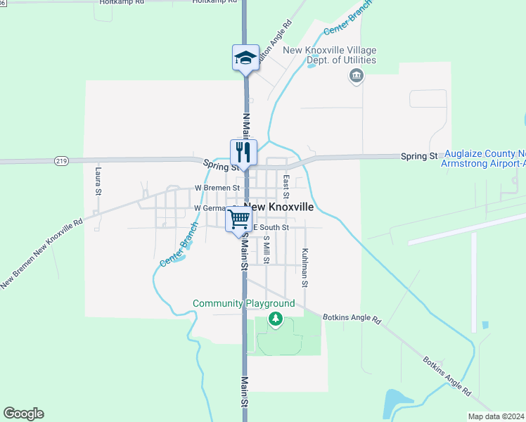 map of restaurants, bars, coffee shops, grocery stores, and more near 107 East German Street in New Knoxville